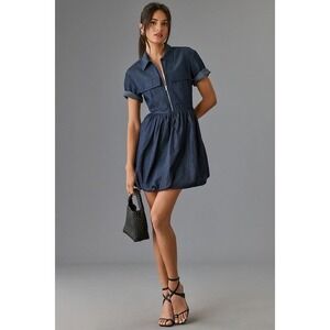 Anthropologie MARE MARE Short Sleeve Denim Bubble Hem Mini Dress Pockets Small